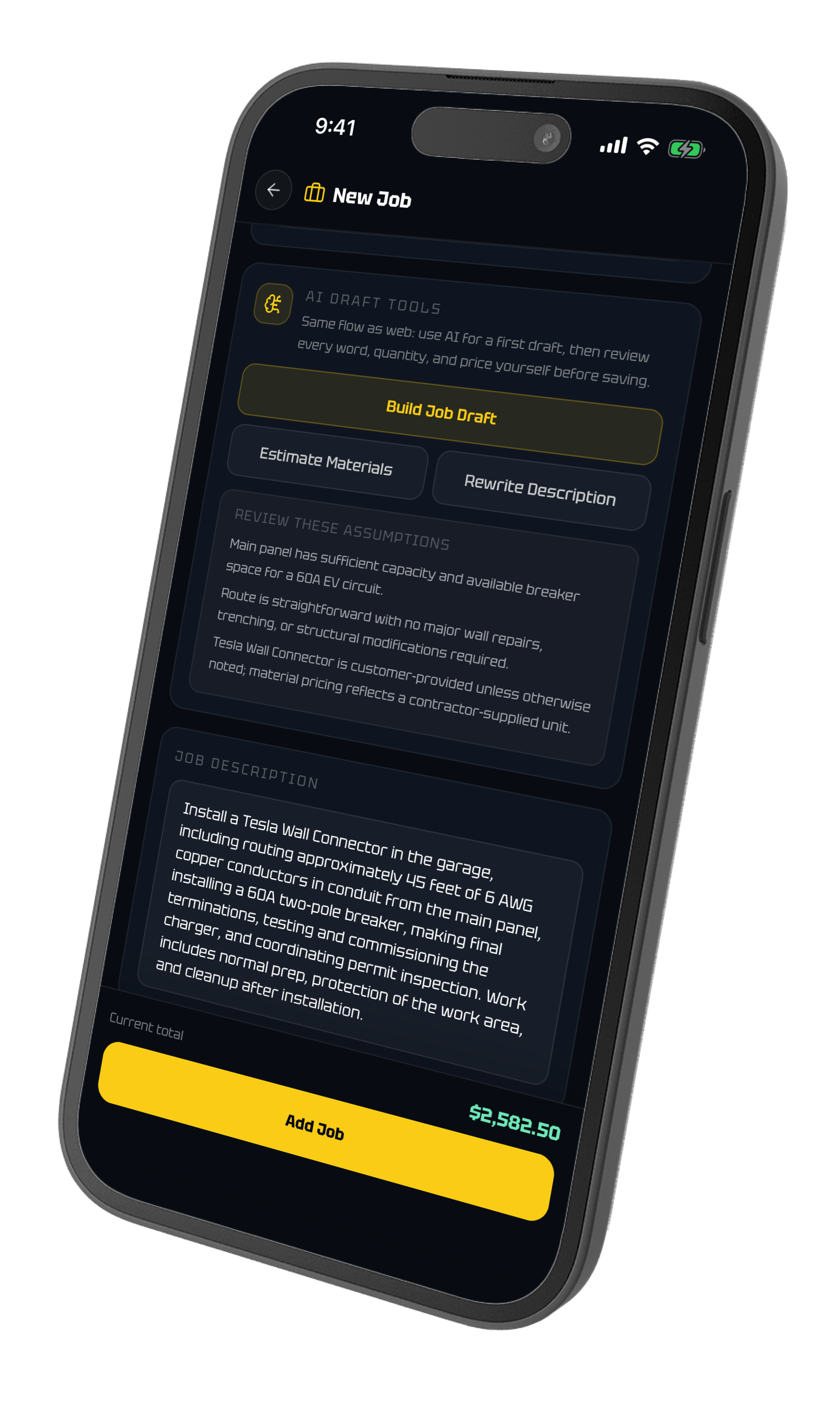 ElectriTrack mobile AI job draft with reviewed assumptions and job description
