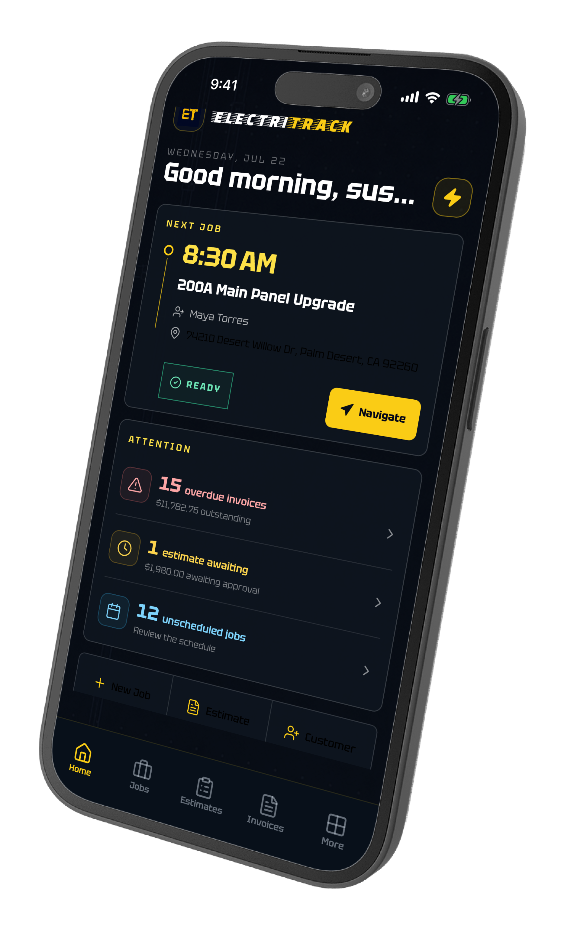 ElectriTrack mobile home dashboard with upcoming jobs and alerts