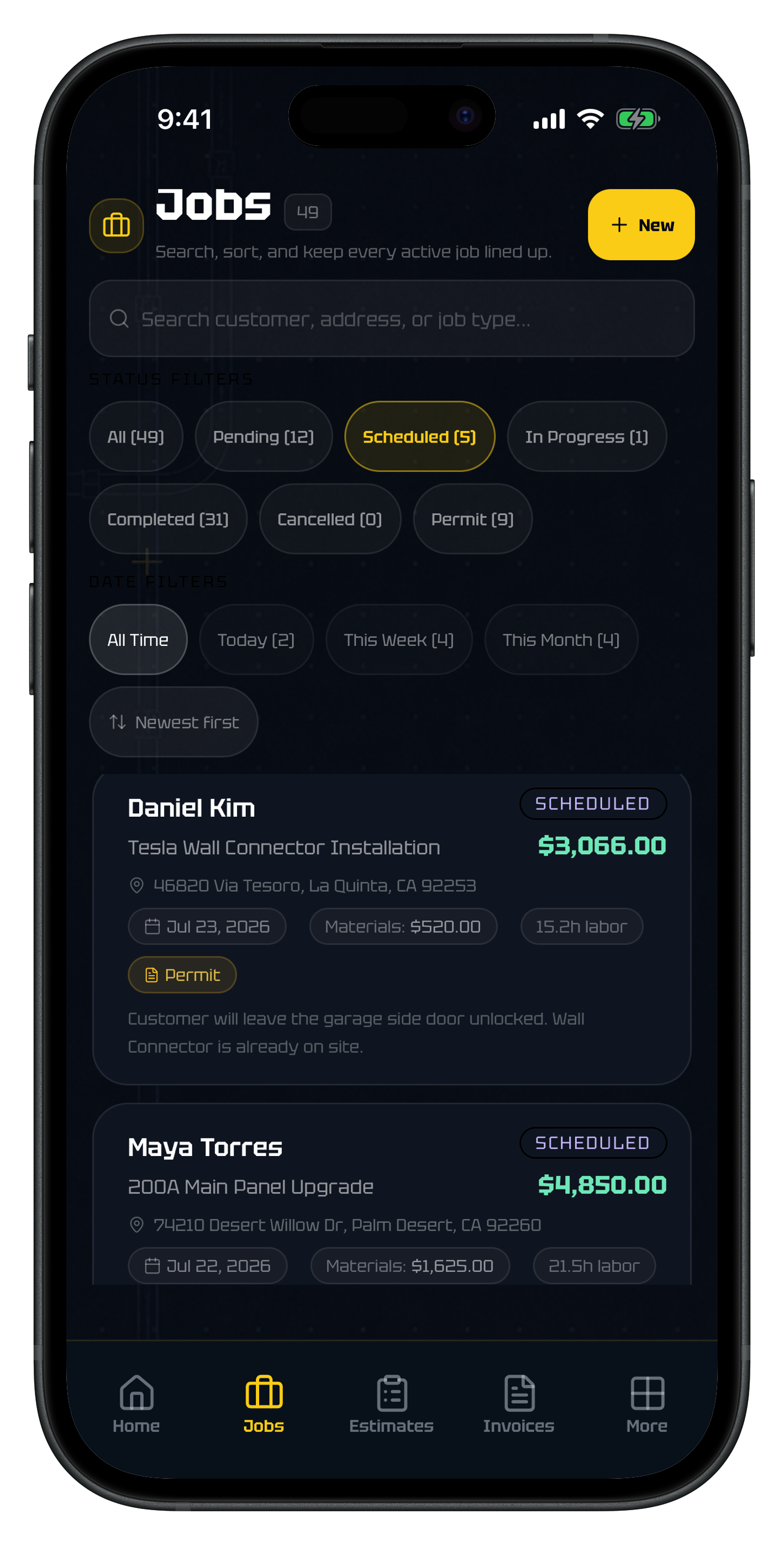 ElectriTrack mobile jobs list with scheduling and job status filters