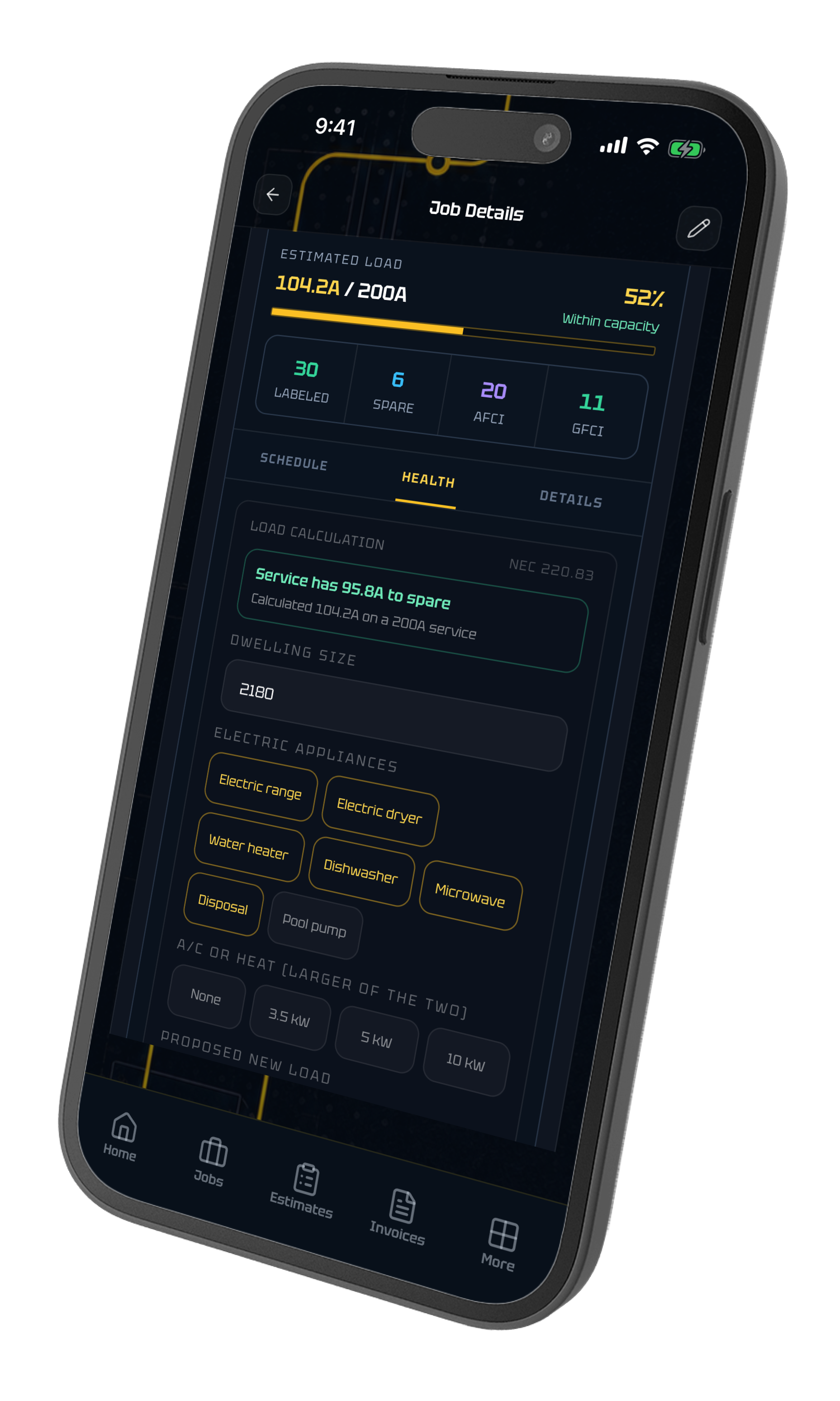 ElectriTrack mobile electrical load calculation showing service capacity
