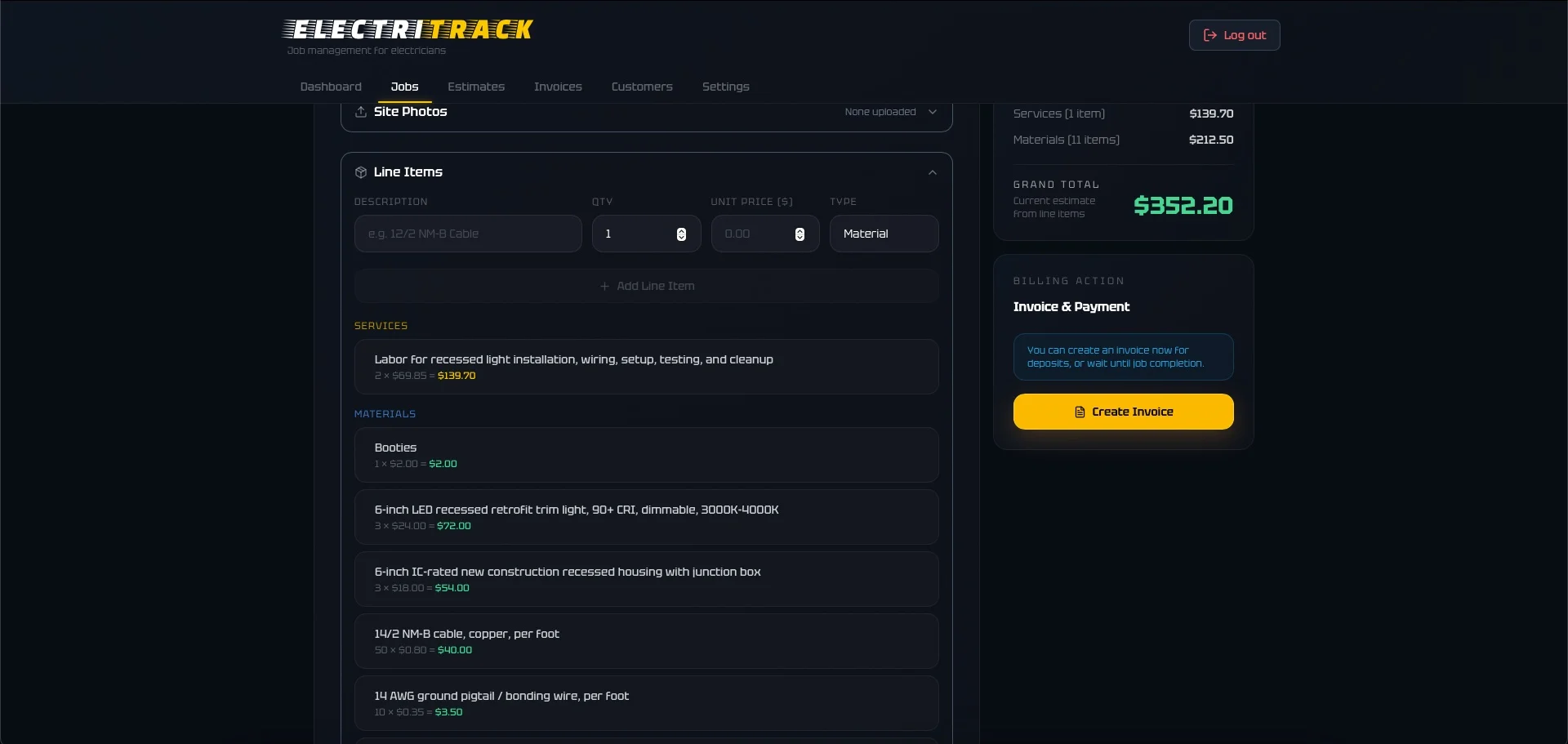 ElectriTrack estimate and invoice workflow