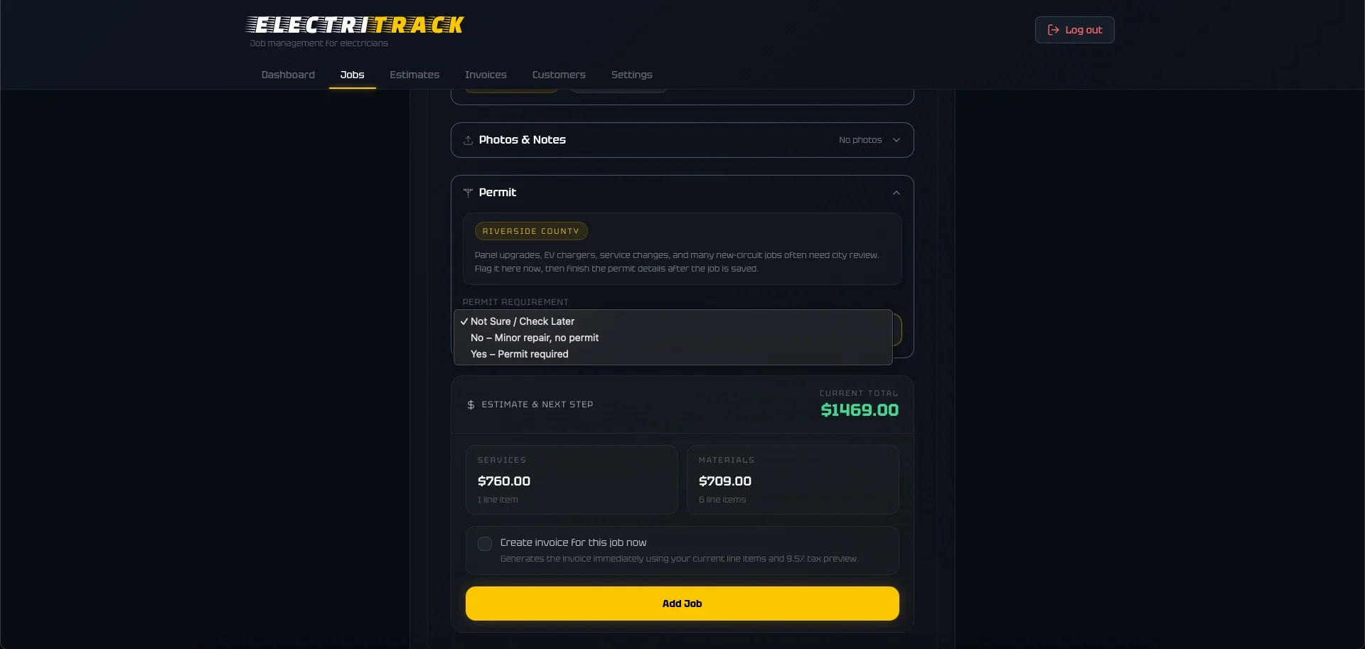ElectriTrack permit and job creation flow