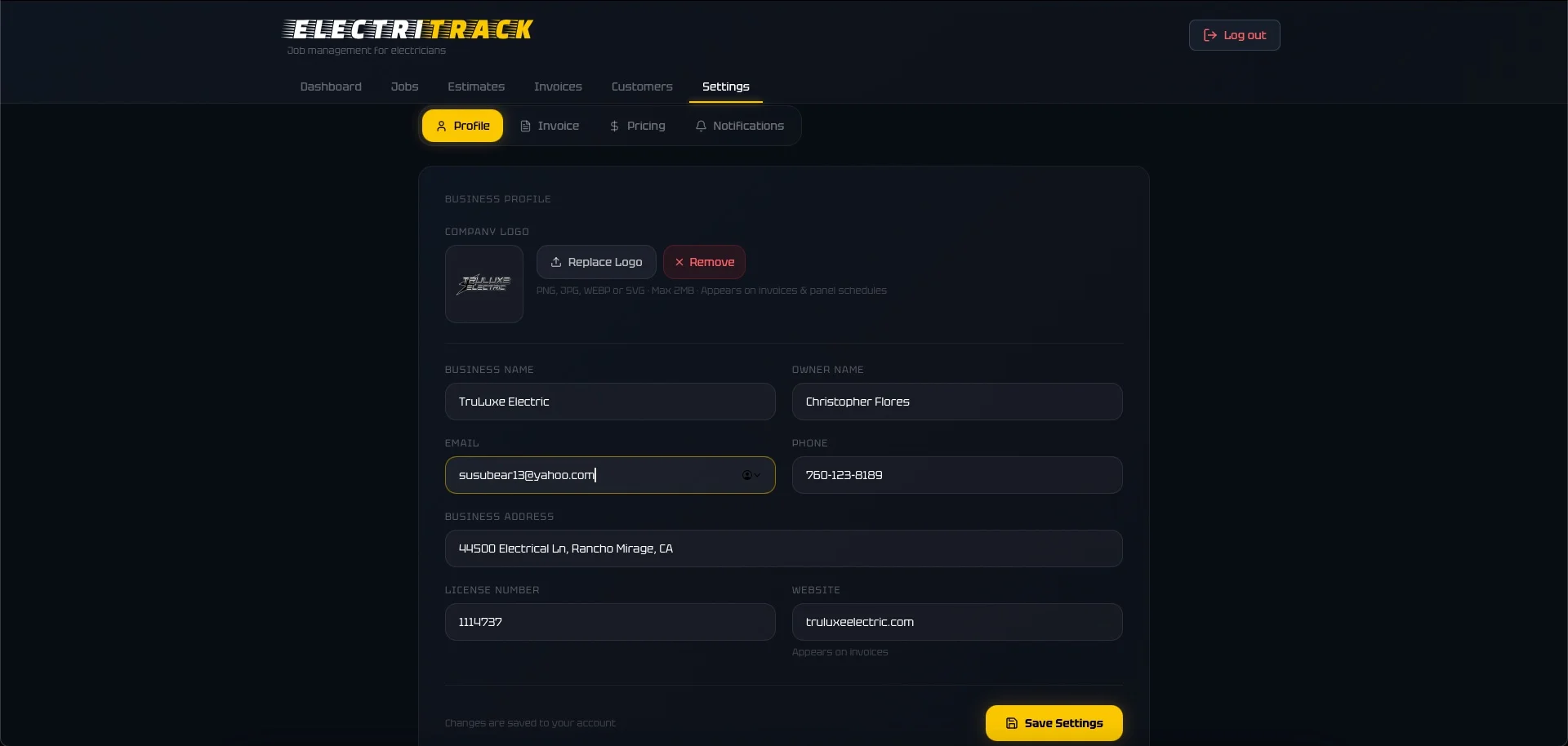 ElectriTrack business profile settings