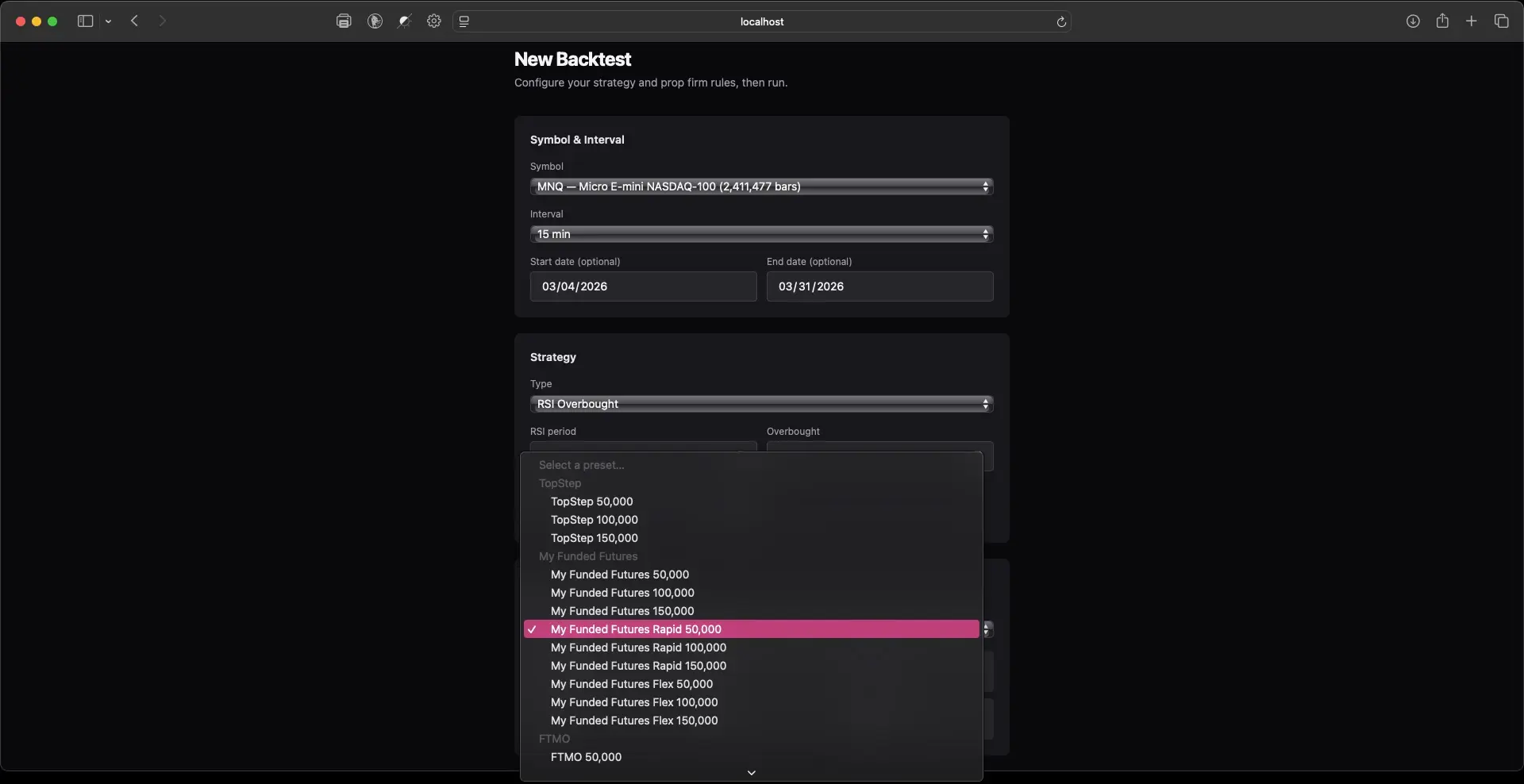 Trading Lab backtest configuration flow