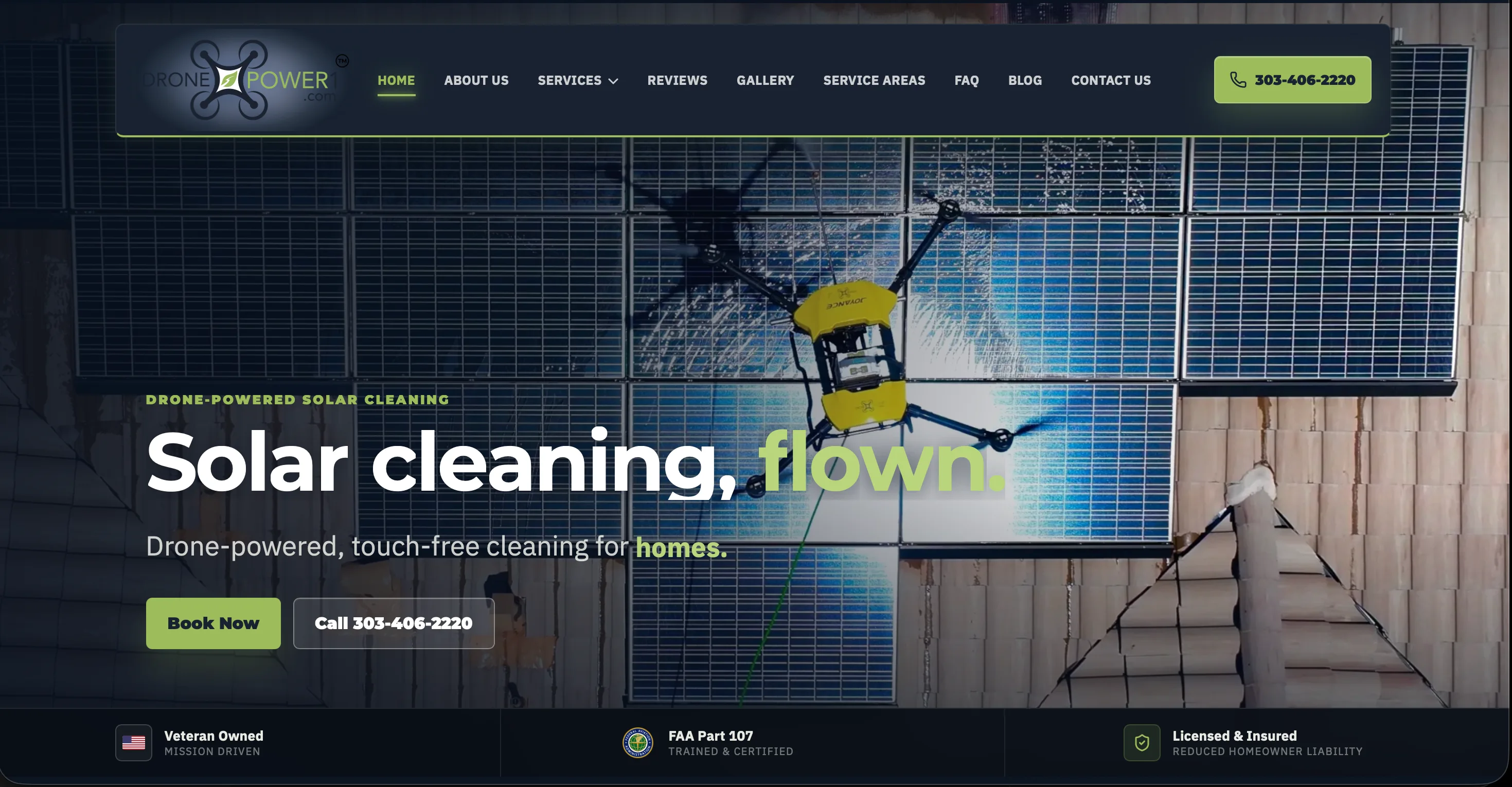 DronePower1 homepage showing a cleaning drone over solar panels