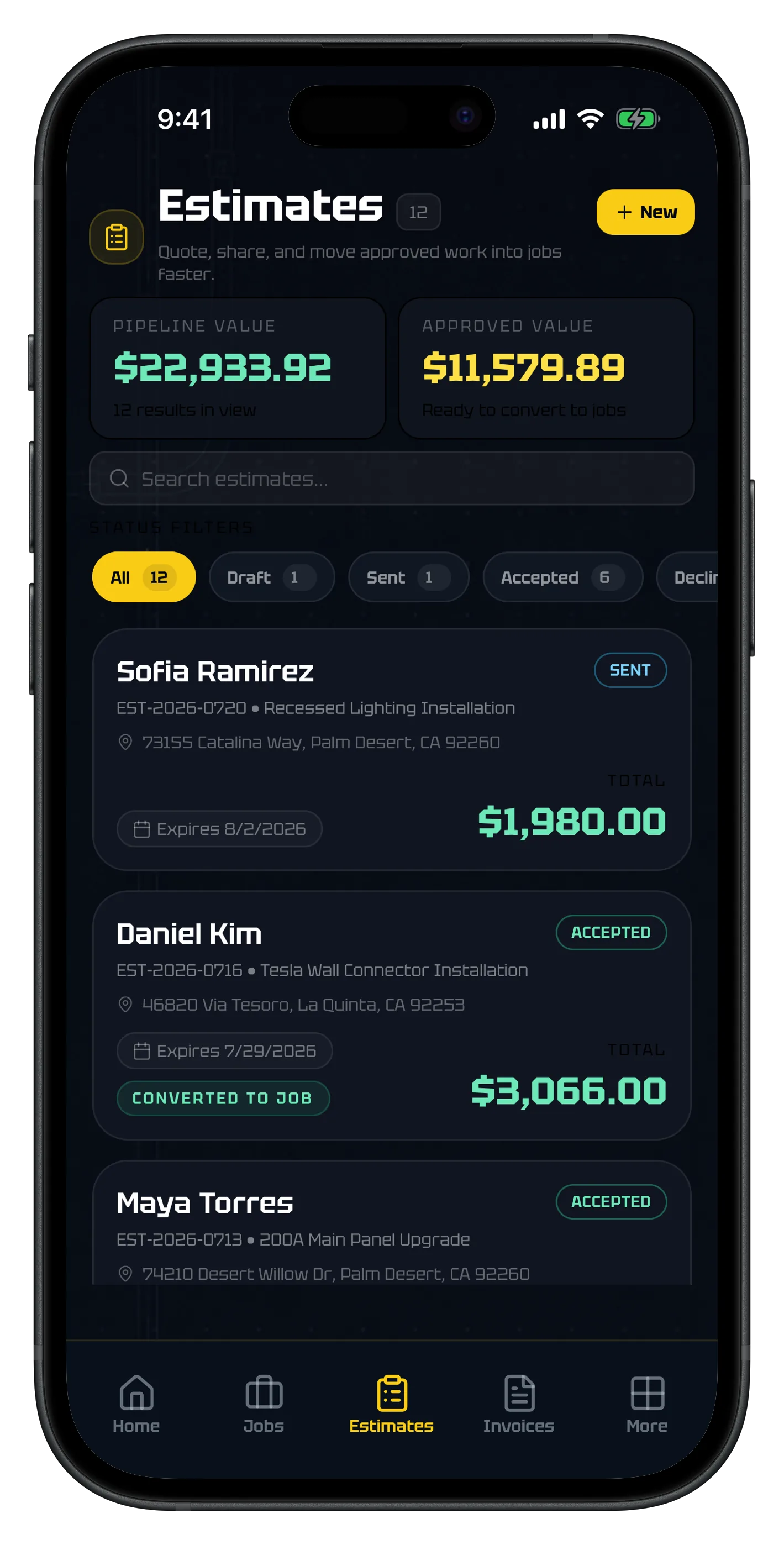 ElectriTrack iOS estimates list with pipeline and approved value