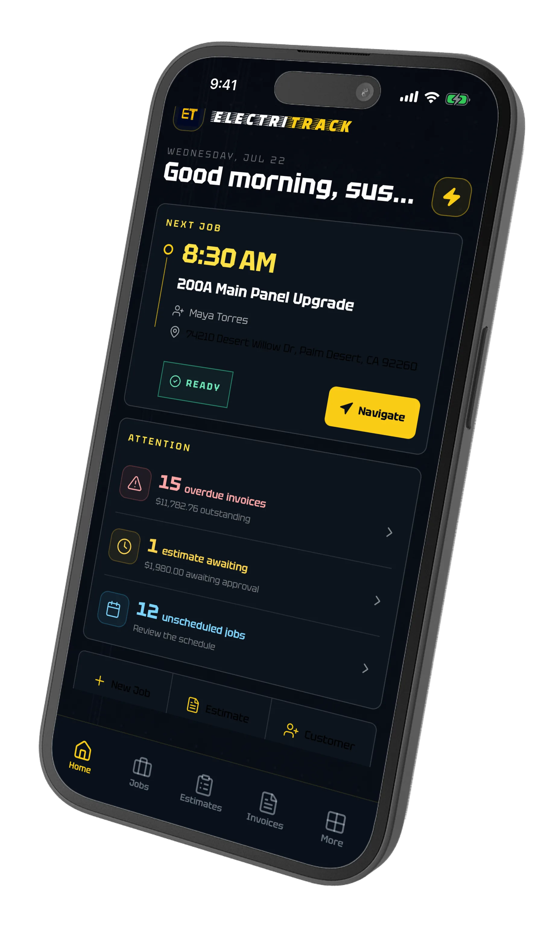 ElectriTrack iOS home dashboard with the next job, overdue invoices, and unscheduled jobs