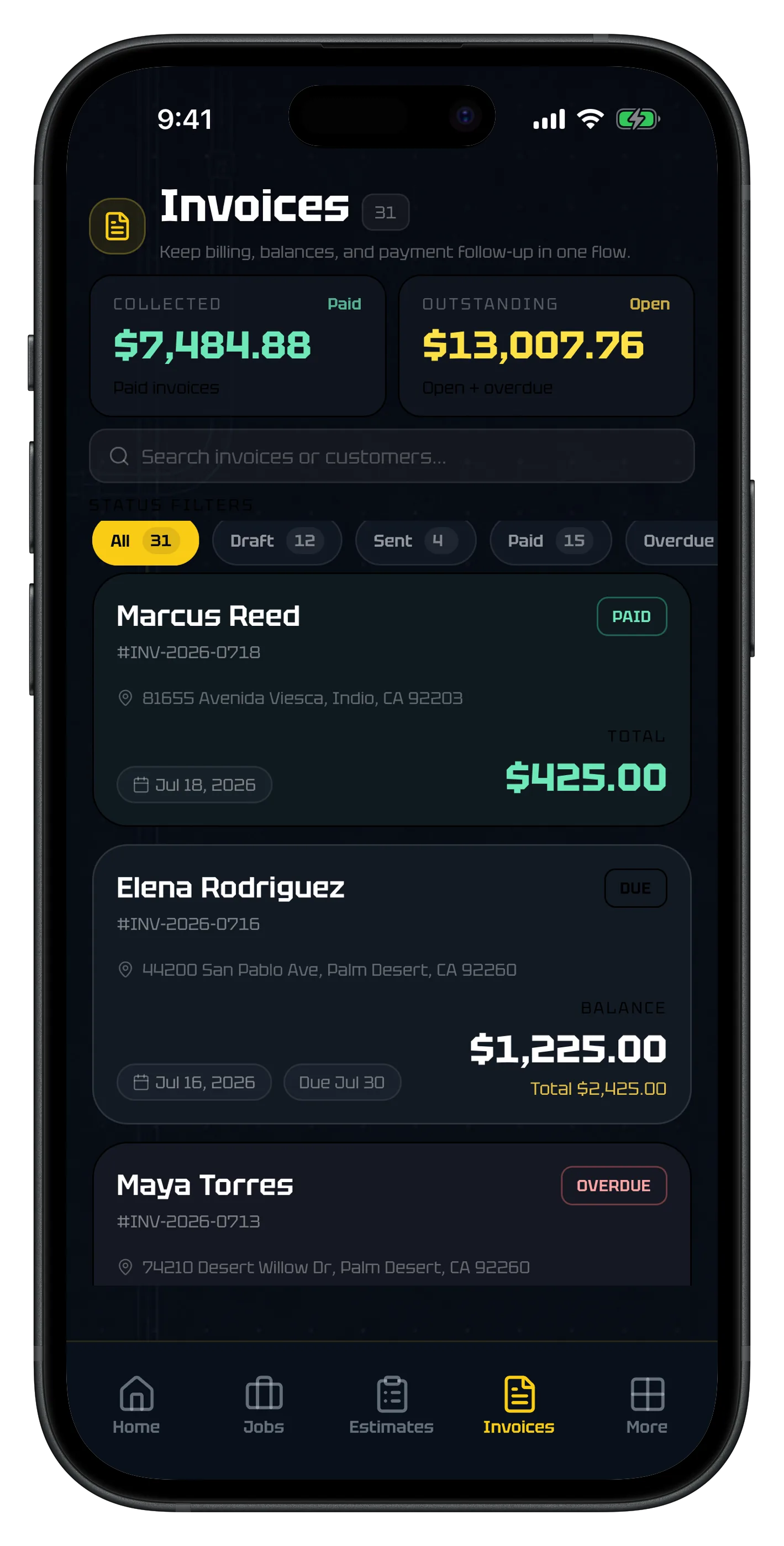 ElectriTrack iOS invoices list with collected and outstanding totals