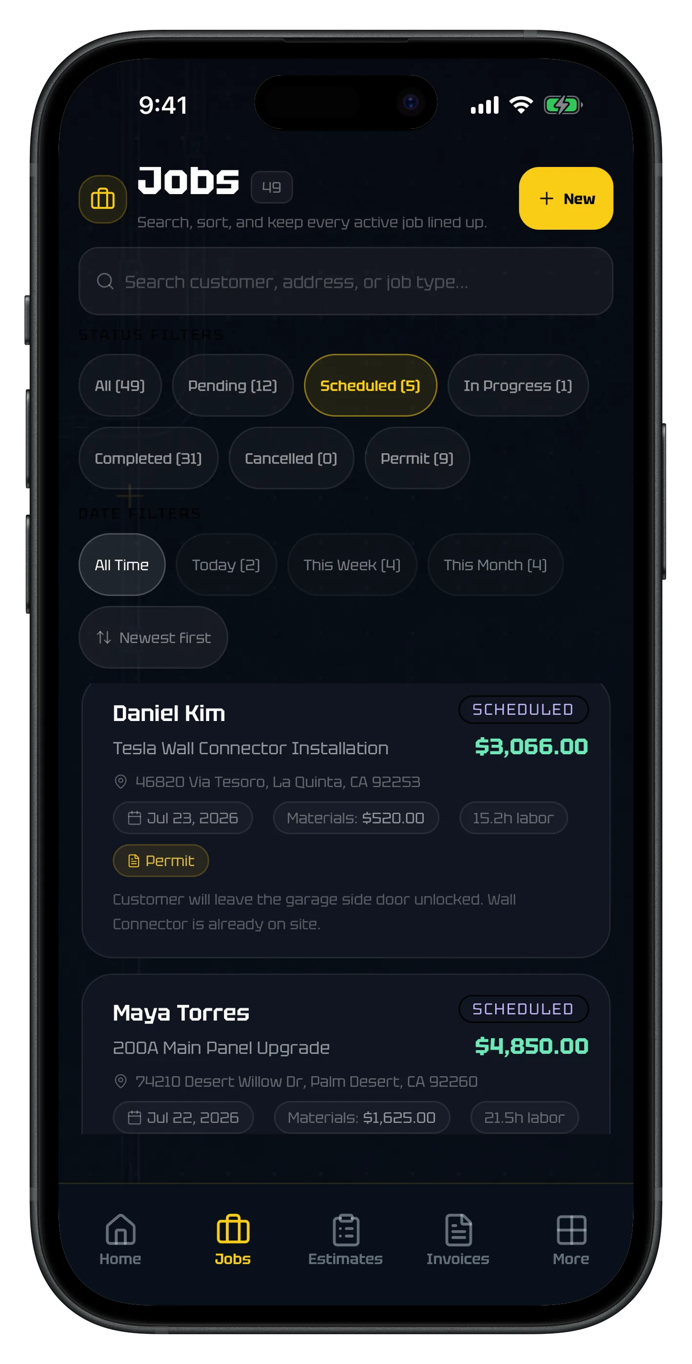 ElectriTrack iOS jobs list filtered by status with job values and materials