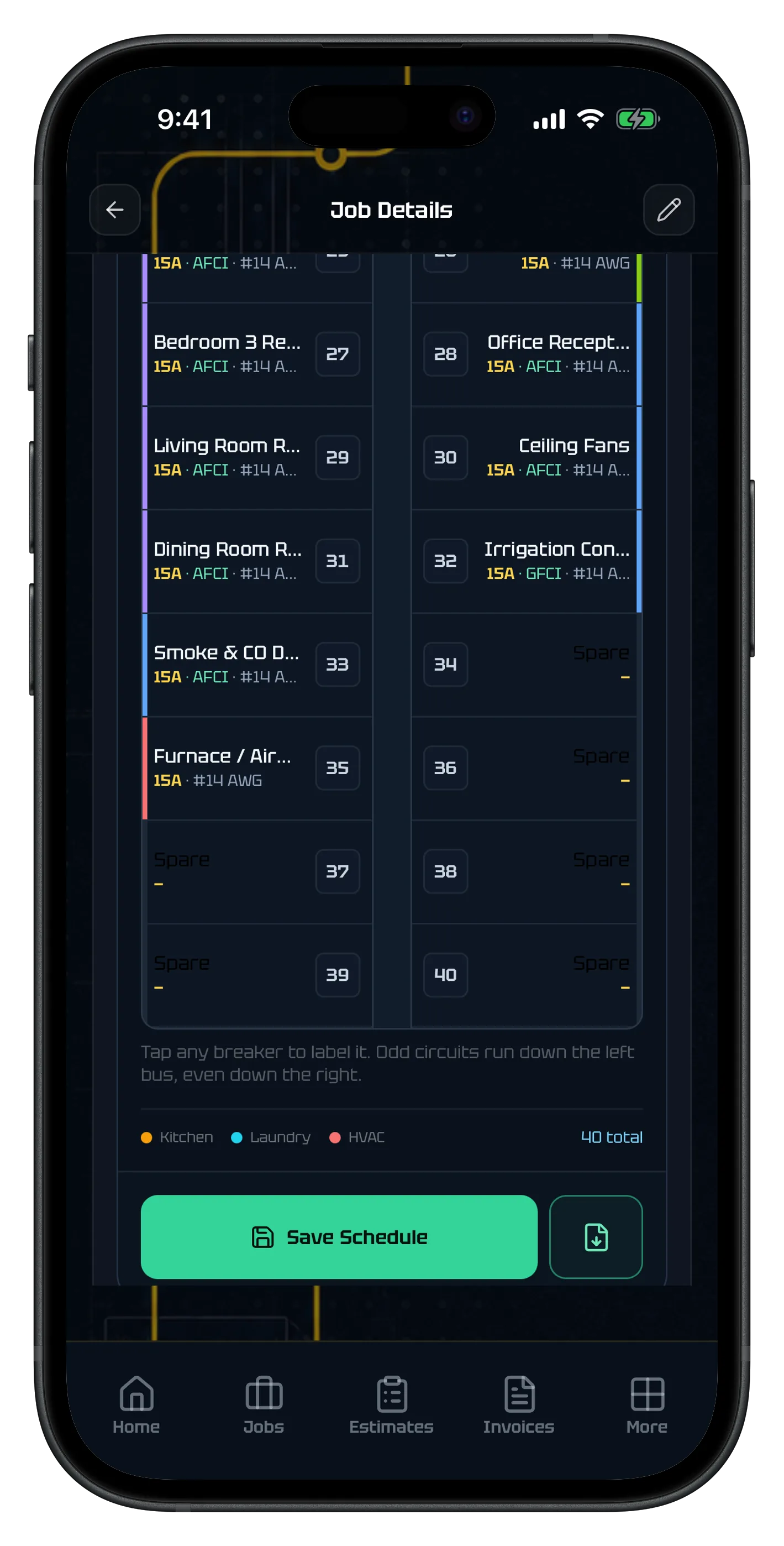 ElectriTrack iOS panel schedule with labeled breakers and AFCI and GFCI tags