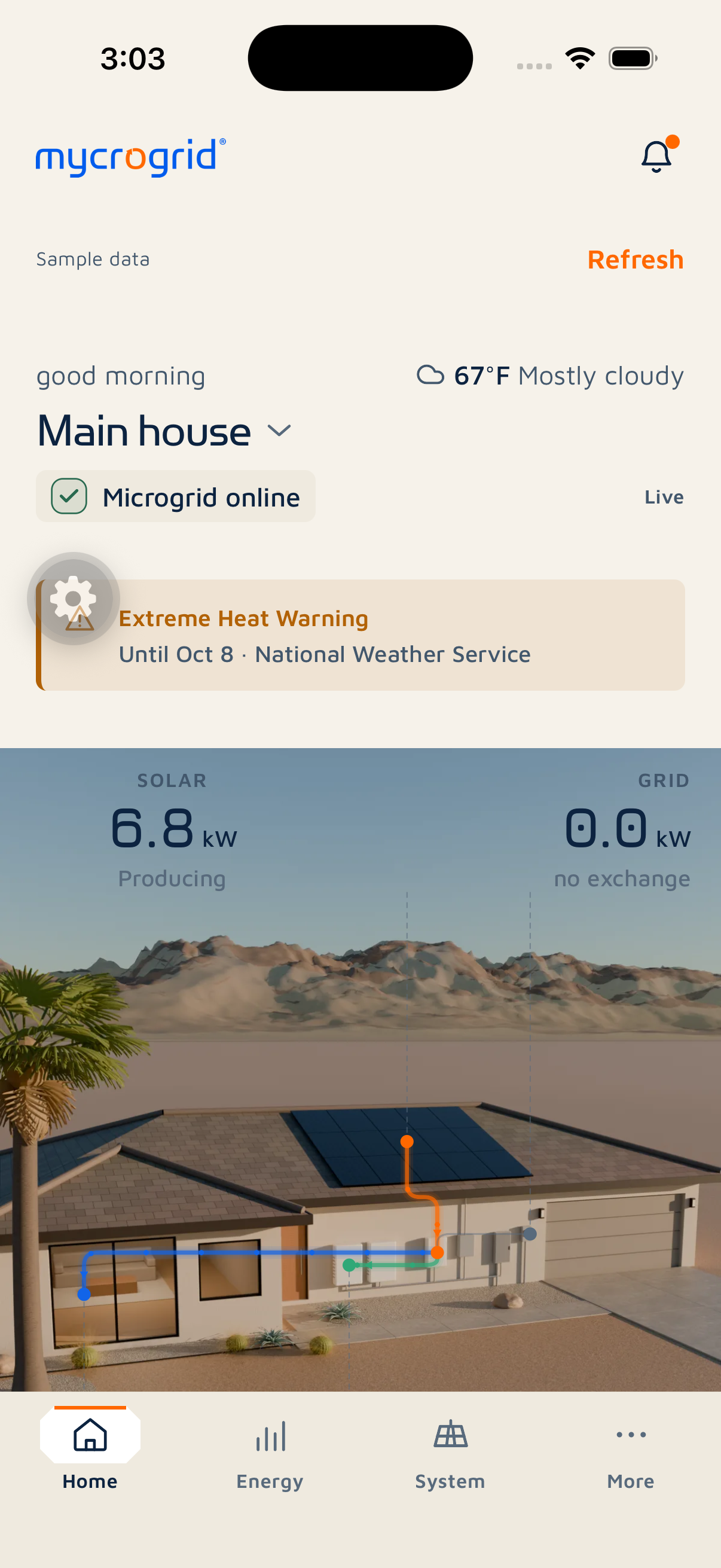 Latest Mycrogrid native iOS Home screen captured from the simulator with sample power flow