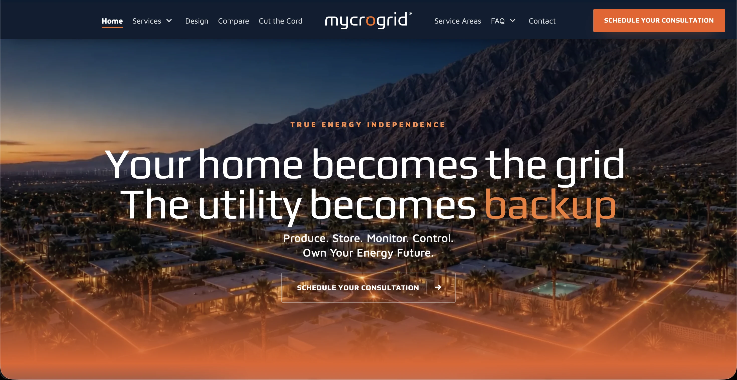 Mycrogrid homepage showing a connected desert neighborhood at dusk